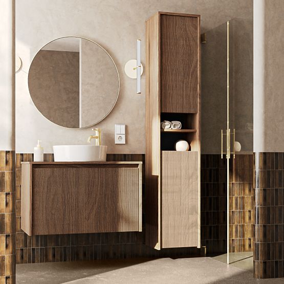 Armadio da bagno, colonna alta Pezzo noce, scanalato