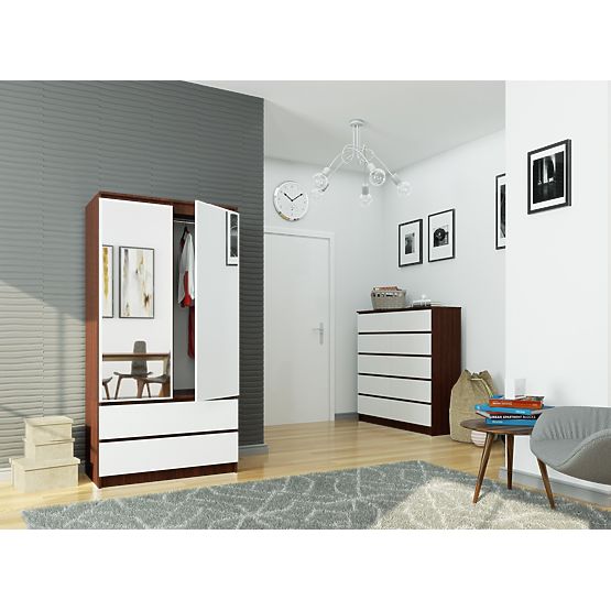ARMADIO S 90 cm 2 PORTE 2 CASSETTI 2 SPECCHI PK WENGE / BIANCO