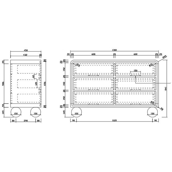 Cassettiera con cassetti Lauria 130 cm, bianca, arrotondata, gambe a sfera
