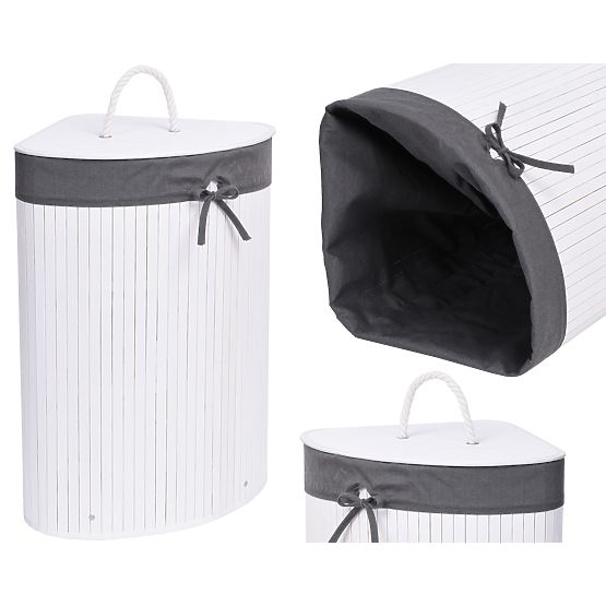 Cesto angolare in bambù per biancheria con coperchio bianco-grigio