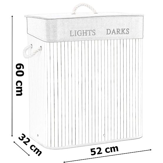 Cesto angolare in bambù per biancheria con coperchio bianco