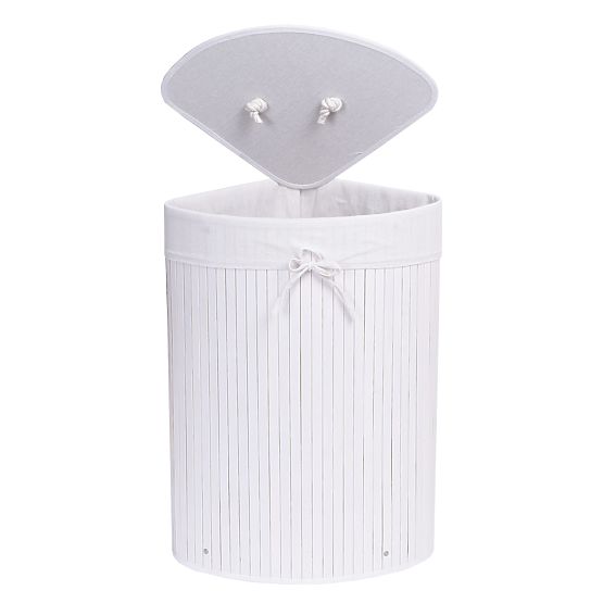 Cesto angolare in bambù per biancheria con coperchio bianco