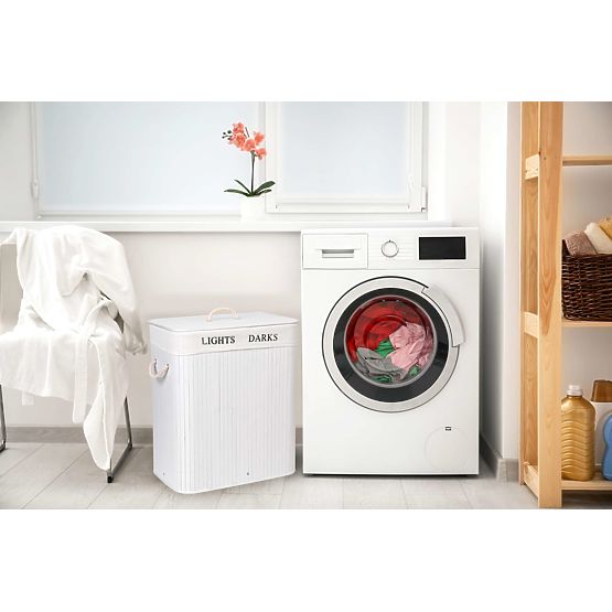 Cesto di bambù con coperchio 100L 2 scomparti bianco