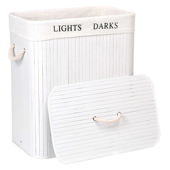 Cesto di bambù con coperchio 100L 2 scomparti bianco