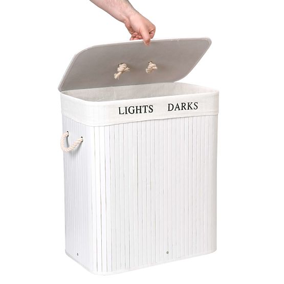 Cesto di bambù con coperchio 100L 2 scomparti bianco