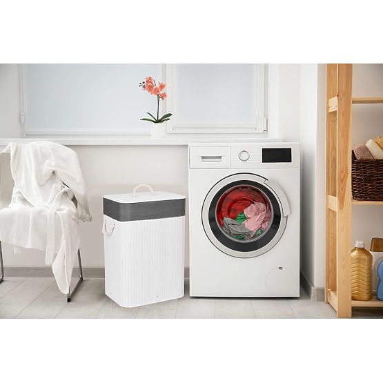 Cesto per biancheria in bambù con coperchio 80L bianco-grigio