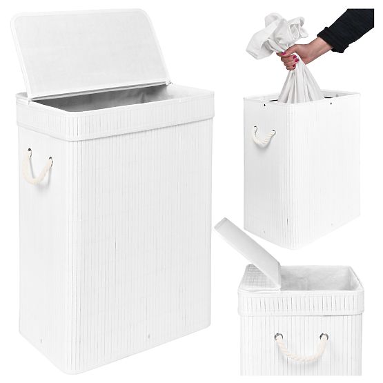 Cesto per biancheria in bambù con coperchio SOREN 80L bianco