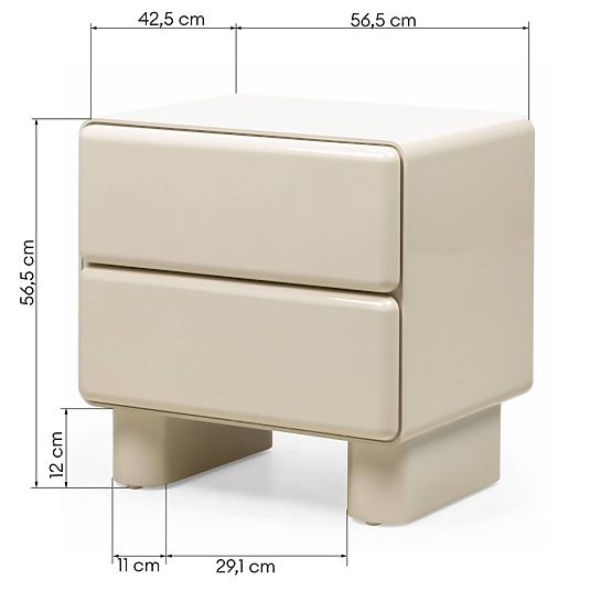 Comodino con cassetti Lagos, bianco crema, arrotondato, lucido