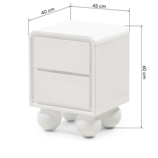 Comodino Lauria bianco, arrotondato, gambe a sfera