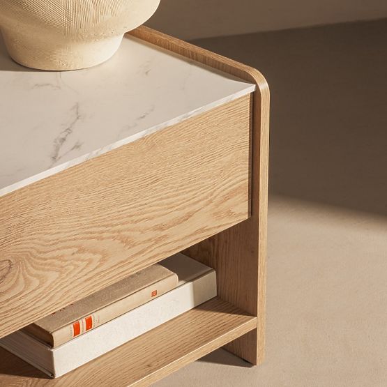Comodino Tanami Rovere Cremona Torro, Marmo Crystal, arrotondato