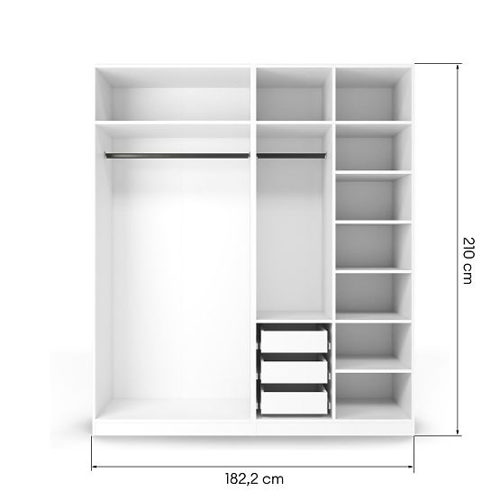 Corpo/interno dell'armadio Neroli con 2 aste, ripiani e 3 cassetti 182,2 cm, bianco
