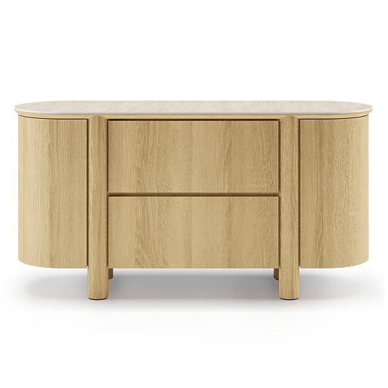 Credenza a due ante con cassetti Segretto, arrotondata, rovere naturale, travertino