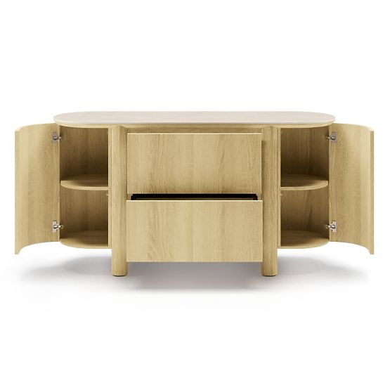 Credenza a due ante con cassetti Segretto, arrotondata, rovere naturale, travertino