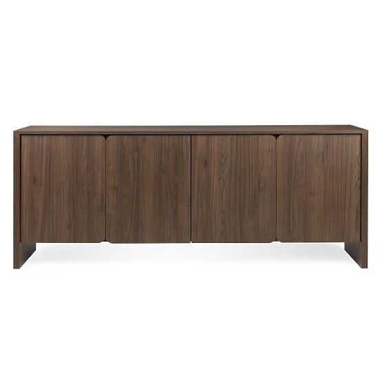 Credenza a quattro ante Moku noce villa, superfici frontali arrotondate
