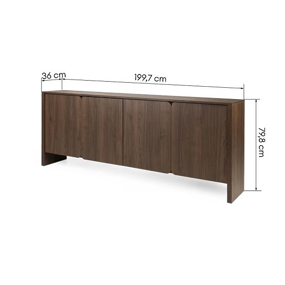 Credenza a quattro ante Moku noce villa, superfici frontali arrotondate