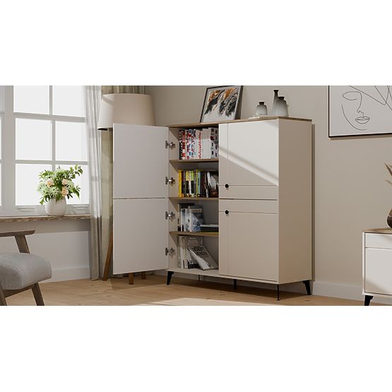 Credenza POINT 4D Cashmere Beige Rovere Castello Armadietto 4 Ante 8 Ripiani per Soggiorno