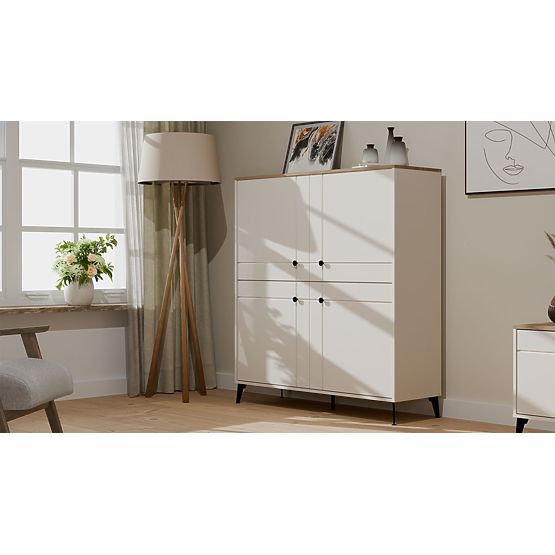 Credenza POINT 4D Cashmere Beige Rovere Castello Armadietto 4 Ante 8 Ripiani per Soggiorno