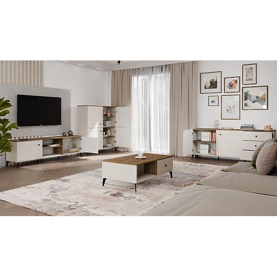 Credenza POINT 4D Cashmere Beige Rovere Castello Armadietto 4 Ante 8 Ripiani per Soggiorno