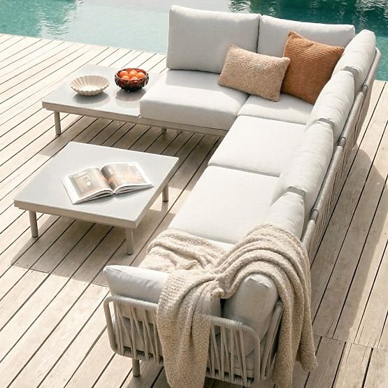 Divano angolare da giardino con tavolino Amarello, alluminio, intrecciato, beige chiaro/beige-grigio