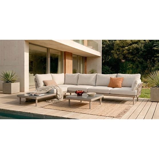 Divano angolare da giardino con tavolino Amarello, alluminio, intrecciato, beige chiaro/beige-grigio