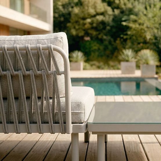 Divano angolare da giardino con tavolino Amarello, alluminio, intrecciato, beige chiaro/beige-grigio