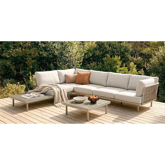 Divano angolare da giardino con tavolino Amarello, alluminio, intrecciato, beige chiaro/beige-grigio