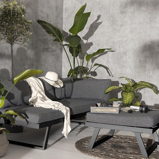 Divano angolare da giardino con tavolino Lafoole Lunge, spun-poly, grigio scuro