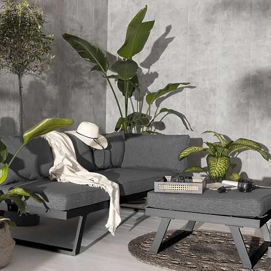 Divano angolare da giardino con tavolino Lafoole Lunge, spun-poly, grigio scuro