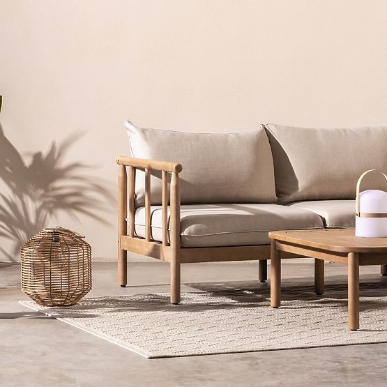 Divano angolare da giardino con tavolino Mortlake, legno di eucalipto FSC, finitura teak, beige chia