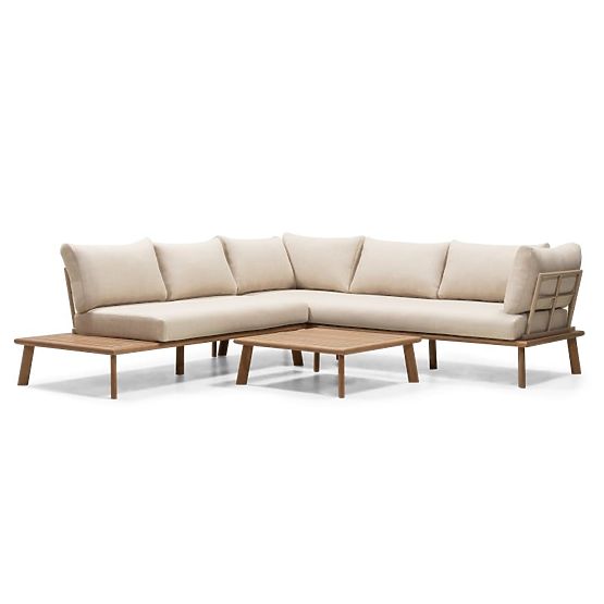 Divano angolare da giardino con tavolino Penne, legno di eucalipto FSC, beige