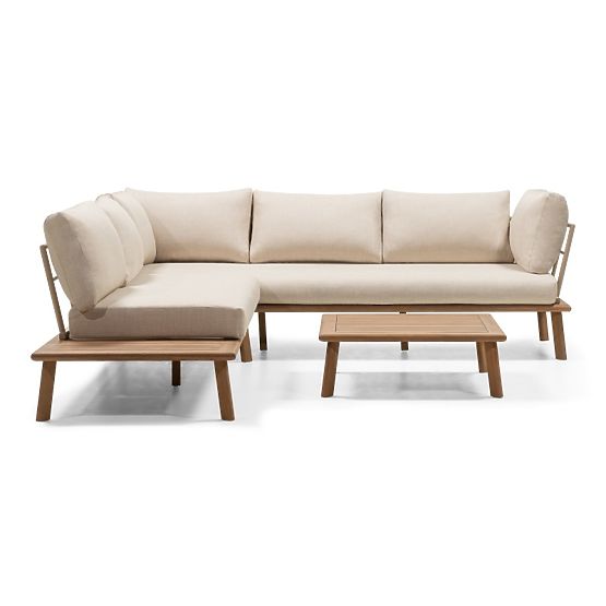 Divano angolare da giardino con tavolino Penne, legno di eucalipto FSC, beige