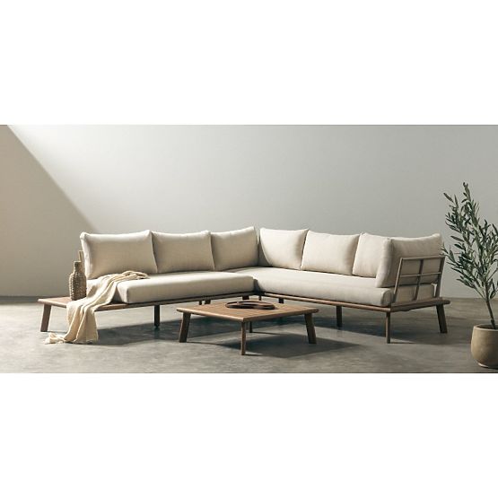 Divano angolare da giardino con tavolino Penne, legno di eucalipto FSC, beige