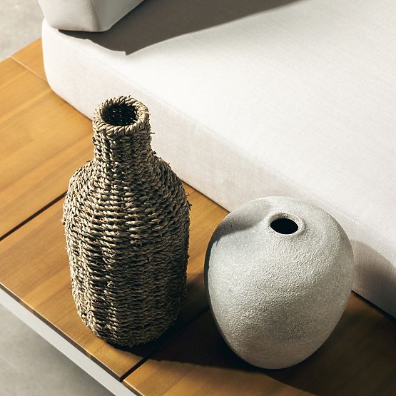 Divano angolare da giardino con tavolino Porticato, legno di acacia FSC, effetto teak, beige chiaro