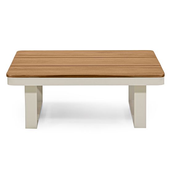 Divano angolare da giardino con tavolino Porticato, legno di acacia FSC, effetto teak, beige chiaro
