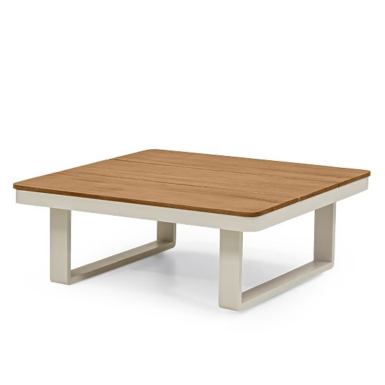 Divano angolare da giardino con tavolino Porticato, legno di acacia FSC, effetto teak, beige chiaro