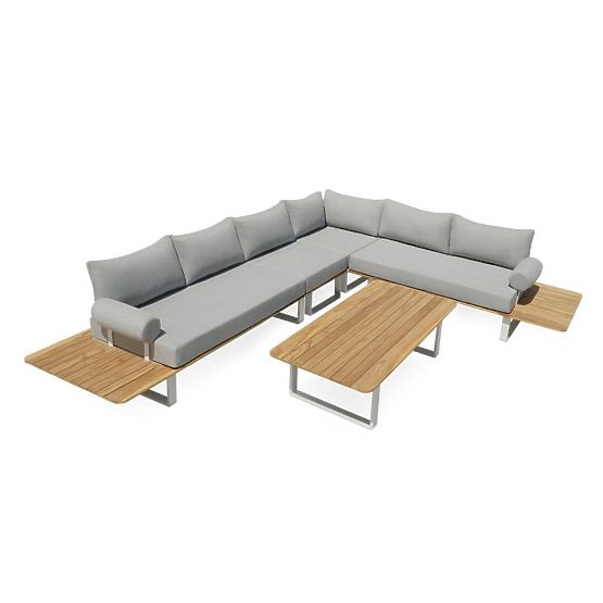 Divano angolare da giardino con tavolino San Piero 2, legno di teak FSC, grigio/naturale