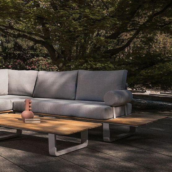 Divano angolare da giardino con tavolino San Piero 2, legno di teak FSC, grigio/naturale
