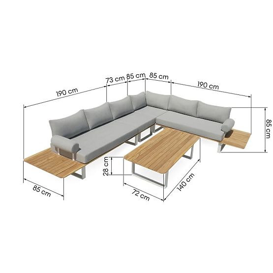 Divano angolare da giardino con tavolino San Piero 2, legno di teak FSC, grigio/naturale