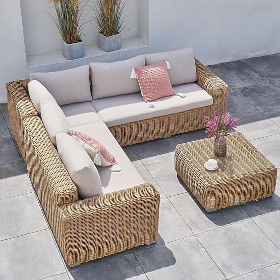 Divano angolare da giardino con tavolino Sandy, technorattan, beige
