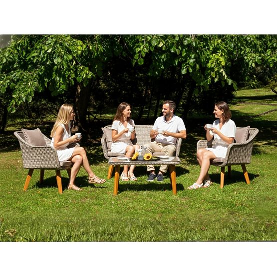 Elegante set da giardino in tecnorattan (2 poltrone comode, divano + tavolino) LARGO grigio non unif