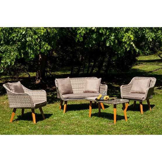Elegante set da giardino in tecnorattan (2 poltrone comode, divano + tavolino) LARGO grigio non unif