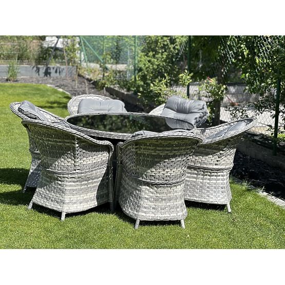 Grande set da pranzo in tecnorattan (6 poltrone + tavolo) MODERNO grigio chiaro