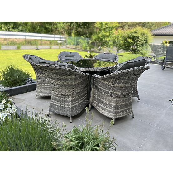 Grande set da pranzo in tecnorattan (6 poltrone + tavolo) MODERNO grigio chiaro