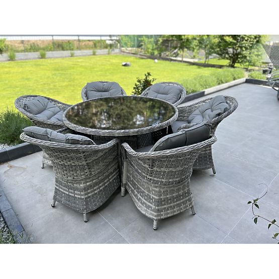 Grande set da pranzo in tecnorattan (6 poltrone + tavolo) MODERNO grigio chiaro