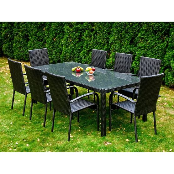 Grande set da pranzo in tecnorattan (tavolo 200x100cm + 8 sedie) SOTTILE nero