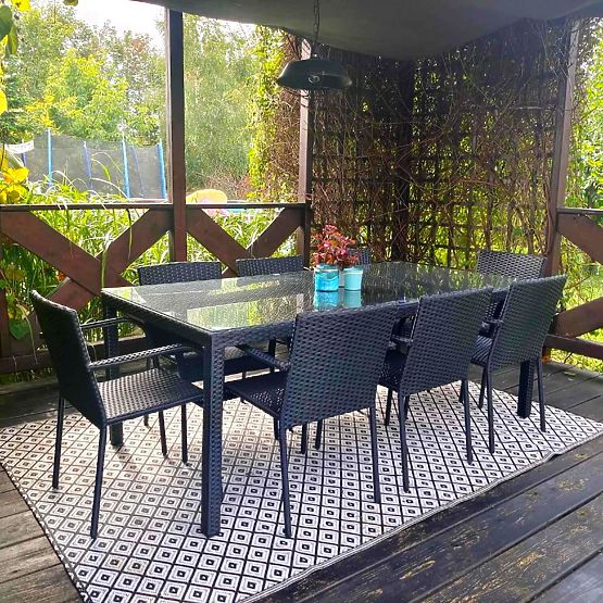 Grande set da pranzo in tecnorattan (tavolo 200x100cm + 8 sedie) SOTTILE nero