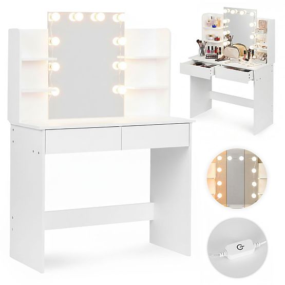 Grande toeletta cosmetica con specchio e illuminazione LED 3 colori scaffali cassetti ModernHome