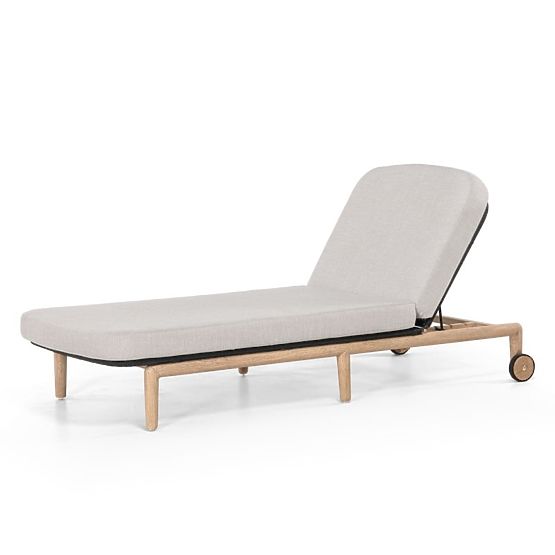 Lettino da giardino Komorebi regolabile, legno di acacia chiaro, acciaio, tessuto intrecciato, beige