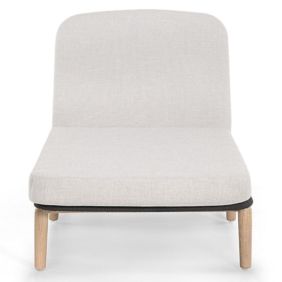 Lettino da giardino Komorebi regolabile, legno di acacia chiaro, acciaio, tessuto intrecciato, beige