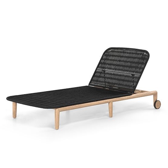 Lettino da giardino Komorebi regolabile, legno di acacia chiaro, acciaio, tessuto intrecciato, beige